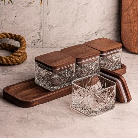 Resim Snippy Milla Kare 5 Parça Tepsili Ahşap Vakumlu Kapaklı Cam Kahvaltılık Çok Amaçlı Cam Çerezlik 230ML 