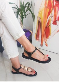 Resim Siyah Renk Parmak Arası Düz Taban Taş Bant Detaylı Kadın Sandalet 001 