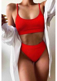 Resim Angelsin Yüksek Bel Fitilli Kumaş Tankini Bikini Üstü Kırmızı 001 