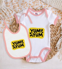 Resim Bk Kids Yum Yum Tasarımlı Pembe Bebek Body Zıbın Ve Mama Önlüğü H Çok Renkli 