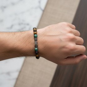 Resim Kaplan Gözü, Bordo Granat Lal & Krizokol Doğal Taş Erkek Bileklik - Özel Tasarım - 18 cm 