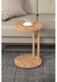 Resim C Sehpa Yuvarlak 36 Cm Çap Tekerlekli Şık Tasarım Koltuk Yan Sehpa Zigon Servis Sehpası Traverten - Atlantik Çam Atlantik Çam 