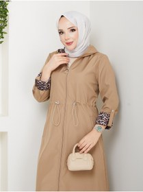 Resim RACE FASHİON Leopar Desenli Bondit Kumaş Beli Lastikli Kapüşonlu Tesettür Trençkot RC1205010 