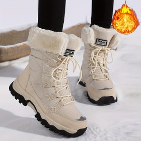 Resim Kadın Kış Botları - Hafif Bej Fleece Astarlı Orta Boy Botlar, Kalın TPR Taban ve Bağcıklı Tasarım, Dış Mekan Sporları, Günlük Giyim için - Kadınlar için Rahat Hediye, Kış Botları, Dış Mekan Ayakkabıları, Şık Kış Ayakkabıları, Dayanıklı Kış Ayakkabıları 