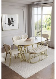 Resim Mutfak Masası Takımı 6 Kişilik Masa Takımı Elma Avangarde Yemek Masa Takımı Benchli Gold 