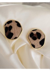Resim Leopar Asimetrik Oval Yuvarlak Model Küpe Leopar Desenli Çok Renkli 