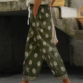 Resim Kadınlar için Vintage Çiçekli Pantolon - Esnek Olmayan Düz Paça Pantolon, Elastik Bel Bandı ile Koyu Yeşil Çiçek Desenli Günlük ve Resmi Kıyafetler İçin - İlkbahar/Yaz Günlük Pantolonları, Çiçek Baskılı Pantolonlar, Yazlık Havalı Giysi 