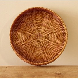 Resim Bohem Rattan Kulplu Yuvarlak Tepsi 35x6 Cm Large, Iskandinav, Modern 