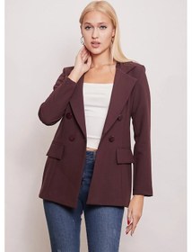 Resim Kadın Düğme Detaylı Uzun Kol Şık Ofis Süs Cep Kapaklı Kumaş Blazer Ceket-mürdüm Mürdüm 