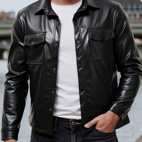 Resim Erkekler için PU Ceket - Parlak Siyah Esnemez Kaban, Düğmeli Ön Kapama & Yapılı Yaka Formal/Günlük Kıyafetler İçin - Her Mevsim Günlük ve Özel Durum Dış Giyim, Şık Ceket, Düzgün Kumaş Bitişi, Resmi Giysi, Dayanıklı Dış Giyim, Çok Yönlü Dış Giyim, Tarz Sahibi Erkekler 