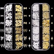 Resim 2 Kutu 12-Grid Kutu Tırnak Sanatı Süsleri İçeren Altın ve Gümüş Renkli Yay, Yıldız, Altıgen, vb. DIY Tırnak Rivet Seti 
