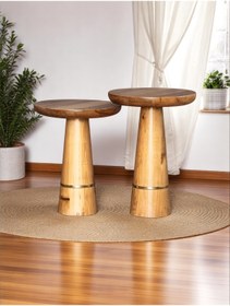 Resim ASELYA HOME Doğal Ahşap 2'li Set Gold Detaylı Mantar Yan Sehpa Modern Fiskos Zigon Çiçeklik 