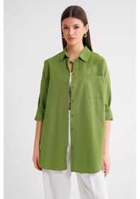Resim Mixray 4053 Kadın Tek Cepli Oversize Basic Gömlek Fıstık Yeşili 