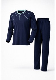 Resim Mutlu City Erkek İnterlok Rahat Kalıp Sıfır Yaka Yüksek Kalite Pamuk Pijama Takımı 16670 Lacivert-mavi 