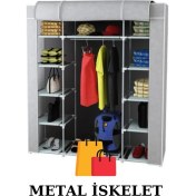 Resim Beyaz Pazar Bez Dolap Metal Profil 12 Raf + 60 cm. Metal Askılık GRİ 