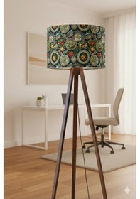 Resim Çini Tabağı Desenli Masif Çam Ayaklı Tripod Lambader Çok Renkli 