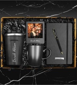 Resim Kişiye Özel Starbucks Model Çelik Termos & Kişiye Özel Termo Deri Defter & Kalem & Siyah Kupa & Fotoğraf Çerçevesi Hediye Seti 