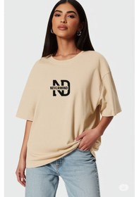 Resim Nevermind Oversize Tişört Kadın "nevermınd" Baskılı Geniş Kalıp T-shirt U Bej 