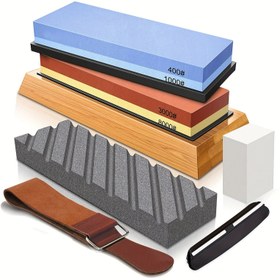 Resim 7 parçalı Bıçak Bileme Taşı Seti, Çift Taneli Biley Taşı 400/1000 3000/8000 Premium Biley Taşı Bıçak Bileyici Deri Bileyleme Kayışı, Düzeltme Taşı, Bambu Taban, 3 Kaymaz Kauçuk Taban ve Açı Kılavuzu 
