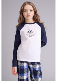 Resim Defacto Kız Çocuk Pijama Takımı Baskılı Uzun Kollu Üst Kareli Uzun Alt F7288a825auwt79 Beyaz-wt79 