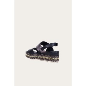 Resim Bueno Shoes Siyah Kurşun Deri Kadın Dolgu Topuklu Sandalet 