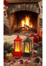 Resim Dekoratif Nostaljik Fenerler Kış Masalını Odanıza Taşıyın Kırmızı Bambi & Çam Ağacı Antik Fener 14cm 2 