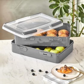 Resim 2 Katlı Borcam Taşıma Kabı, Büyük Boy, Kapaklı, Börek Pasta Piknik için Taşıma Kabı, Gri 