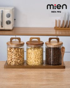 Resim Mien Akasya Ahşap Standlı 3 Lü Çizgili Cam Baharatlık Seti Yuvarlak 750 Ml Açık Kahverengi - Şeffaf 