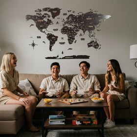 Resim Ahşap Dünya Haritası - Çok Katmanlı 3D Ahşap Duvar Dekoru (Kahverengi) - 150x80 cm / İspanyolca 