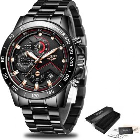 Resim Hanyang Siyah Altın Lıge Erkek Saatler Üst Marka Lüks Chronograph Kuvars Kol Saati Çelik Izle Erkekler Için Su Geçirmez Saatler Relogio Masculino + Kutu (Yurt Dışından) 