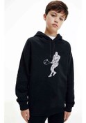 Resim Silhouette Tennis Baskılı Unisex Çocuk Kapüşonlu Siyah Sweatshirt Siyah 