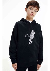 Resim Silhouette Tennis Baskılı Unisex Çocuk Kapüşonlu Siyah Sweatshirt Siyah 