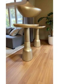 Resim Ahşap 2 Li Mantar Yan Sehpa Seti Lüks Altın Varak Tasarım 