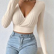 Resim Kadınlar İçin Seksi Derin V Yaka Çapraz Ön Uzun Kollu Tişört - Esnek Dar Kesim Kısa Üst, Sonbahar/Kış için Makinede Yıkanabilir Düz Renk Günlük ve Akşam Giyimi, Şık Sadelik, Rahat Kalıp 