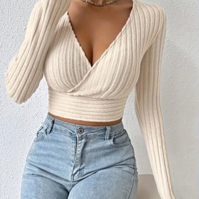 Resim Kadınlar İçin Seksi Derin V Yaka Çapraz Ön Uzun Kollu Tişört - Esnek Dar Kesim Kısa Üst, Sonbahar/Kış için Makinede Yıkanabilir Düz Renk Günlük ve Akşam Giyimi, Şık Sadelik, Rahat Kalıp 