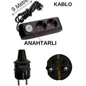 Resim Avarson 2'li İkili Priz Topraklı Anahtarlı Kablolu Siyah 3x1,5 Ttr 9 Dokuz Metre 
