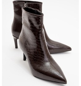 Resim Noya Kahverengi Baskı Sivri Burun Kadın İnce Topuklu Bot kahverengi 