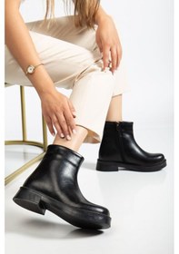 Resim 02-3033 Siyah Kırışık Rugan Fermuarlı Günlük Kadın Bot Acı Kahverengi 