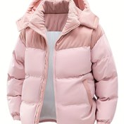 Resim Erkek Kış Kapüşonlu Ceket Renk Blok Tasarım ve Polar Astarlı İzolasyon - Hiking, Kayak, Soğuk Hava için Tam Fermuarlı Dış Giyim - Polyester Dolgulu Sıcaklık, Normal Beden Rahat Ceket Fermuarlı Cebi ile Siyah ve Beyaz Kontrast 
