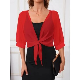Resim Beruflic Kadın Truvakar Kollu Önden Bağlamalı Kısa Şifon Bolero Ceket 