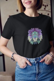 Resim Kio Tasarım Kadın Siyah Aslan Vektörel Çizim Baskılı Tişört 