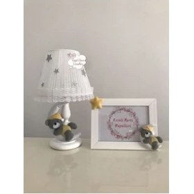 Resim Bebek Çocuk Odası Abajur ve Çerçeve Pembe Kıyafetli Mavi Balon Sarı Gri Yıldız 