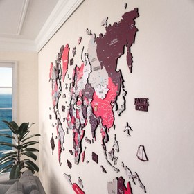 Resim Renkli Baskılı 3D Ahşap Dünya Haritası (Crimson) - 300x187 cm / Türkçe 