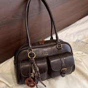 Resim Trendy Kadınlar Koltuk Şeklinde Koltuk Altı Çantası - Şık Kahverengi Sentetik Suni Deri Omuz Çantası, Fermuar Kapatma, Polyester Astar ve Altın Tonlu Donanım, Zarif Günlük Moda Aksesuarı, Küçük Çapraz Çanta, Pürüzsüz Dokulu 