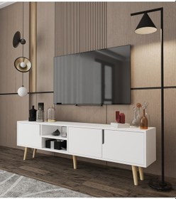Resim Latina Ahşap Ayaklı Tv Ünitesi Tv Sehpası 180 Cm Beyaz Beyaz 