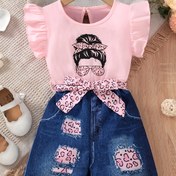 Resim Kızlar için 2 parça Yazlık Kıyafet, Moda Pembe Baskılı Üst, Yarım Kollu ve Kemer Detaylı, Rahat Şort Takımı, Polyester Örgü Kumaş, Hafif Esnek, Normal Beden - Çocuk Giyim Takımı, Dış Mekanlar İçin 