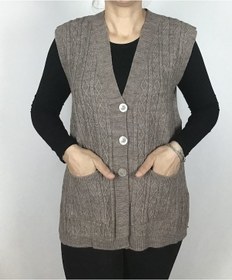 Resim Önü Düğmeli Cepli Yünlü Kısa Anne Yelek Vizon 