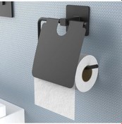Resim Kendiliğinden Yapışkanlı Siyah Paslanmaz Metal Kapaklı Tuvalet Kağıtlığı Aparatı 