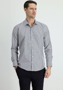 Resim Orta Lacivert Uzun Kol Slim Fit Dar Kesim Çizgili Pamuklu Kolay Ütülenebilir Gömlek Kigili