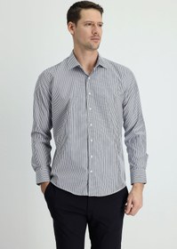 Resim Orta Lacivert Uzun Kol Slim Fit Dar Kesim Çizgili Pamuklu Kolay Ütülenebilir Gömlek 